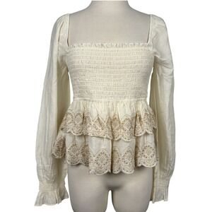 American‎ Eagle Smocked Peplum Top Cream Puff Sleeve Lace Boho Cottagecore M